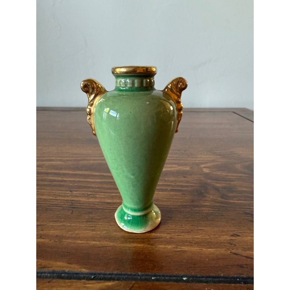 Vintage Miniature Green Crackle Glaze Bud Vase Gold Trimmed Handles 4 Inch